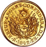 Argentina 2 Escudos General Rosas 1842 R KM# 13 REPUB ARGENT CONFEDERADA R 1842 2E coin obverse Argentina 2 Escudos General Rosas 1842 R KM# 13 REPUB ARGENT CONFEDERADA R 1842 2E coin obverse