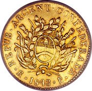 Argentina 2 Escudos Mountains 1843 RB KM# 17 REPUB ARGENT CONFEDERADA R 1843 B coin obverse Argentina 2 Escudos Mountains 1843 RB KM# 17 REPUB ARGENT CONFEDERADA R 1843 B coin obverse