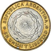 Argentina 2 Pesos 1810 Revolution 200th Anniversary 2015 KM# 165 REPÚBLICA ARGENTINA EN UNIÓN Y LIBERTAD coin obverse Argentina 2 Pesos 1810 Revolution 200th Anniversary 2015 KM# 165 REPÚBLICA ARGENTINA EN UNIÓN Y LIBERTAD coin obverse