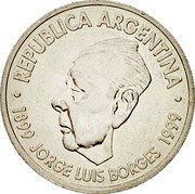 Argentina 2 Pesos Jorge Luis Borges 100th Anniversary of Birth 1999 KM# 128 REPUBLICA ARGENTINA 1899 JORGE LUIS BORGES 1999 coin obverse Argentina 2 Pesos Jorge Luis Borges 100th Anniversary of Birth 1999 KM# 128 REPUBLICA ARGENTINA 1899 JORGE LUIS BORGES 1999 coin obverse
