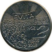 Argentina 2 Pesos 50 Years Since the Death of Eva Peron 2002 KM# 135.1 EVITA 1952 2 PESOS 2002 coin reverse Argentina 2 Pesos 50 Years Since the Death of Eva Peron 2002 KM# 135.1 EVITA 1952 2 PESOS 2002 coin reverse