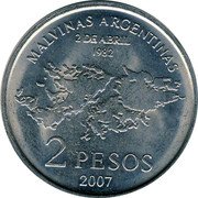 Argentina 2 Pesos 25th Anniversary of Malvinas Islands War 2007 KM# 144.1 MALVINAS ARGENTINAS 2 DE ABRIL 1982 2 PESOS 2007 coin reverse Argentina 2 Pesos 25th Anniversary of Malvinas Islands War 2007 KM# 144.1 MALVINAS ARGENTINAS 2 DE ABRIL 1982 2 PESOS 2007 coin reverse