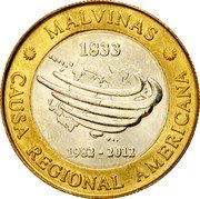 Argentina 2 Pesos 30th Anniversary of the Defeat of Argentina in the Falkland War 2012 KM# 176 MALVINAS 1833 1982-2012 CAUSA REGIONAL AMERICANA coin reverse Argentina 2 Pesos 30th Anniversary of the Defeat of Argentina in the Falkland War 2012 KM# 176 MALVINAS 1833 1982-2012 CAUSA REGIONAL AMERICANA coin reverse