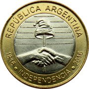 Argentina 2 Pesos 200th Anniversary of Independence 2016 KM# 184 REPÚBLICA ARGENTINA 1816 INDEPENDENCIA 2016 coin obverse Argentina 2 Pesos 200th Anniversary of Independence 2016 KM# 184 REPÚBLICA ARGENTINA 1816 INDEPENDENCIA 2016 coin obverse