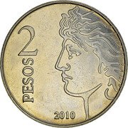 Argentina 2 Pesos Central Bank 75th Anniversary 2010 KM# 162.1 2010 2 PESOS coin reverse Argentina 2 Pesos Central Bank 75th Anniversary 2010 KM# 162.1 2010 2 PESOS coin reverse