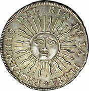 Argentina 2 Reales Radiant Sunface Rio de la Plata 1813 PTS J KM# 3 PROVINCIAS DEL RIO DE LA PLATA coin obverse Argentina 2 Reales Radiant Sunface Rio de la Plata 1813 PTS J KM# 3 PROVINCIAS DEL RIO DE LA PLATA coin obverse