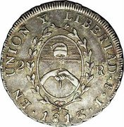 Argentina 2 Reales Radiant Sunface Rio de la Plata 1813 PTS J KM# 3 EN UNION Y LIBERTAD PTS J 1813 2 R coin reverse Argentina 2 Reales Radiant Sunface Rio de la Plata 1813 PTS J KM# 3 EN UNION Y LIBERTAD PTS J 1813 2 R coin reverse