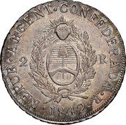 Argentina 2 Reales General Rosas 1842 KM# 12 REPUB ARGENT CONFEDERADA R 1842 2 R coin obverse Argentina 2 Reales General Rosas 1842 KM# 12 REPUB ARGENT CONFEDERADA R 1842 2 R coin obverse