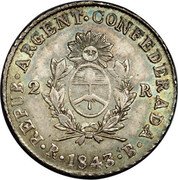 Argentina 2 Reales Mountains 1843 RB KM# 15 REPUB.ARGENT CONFEDERADA R 1843 B 2 R coin obverse Argentina 2 Reales Mountains 1843 RB KM# 15 REPUB.ARGENT CONFEDERADA R 1843 B 2 R coin obverse