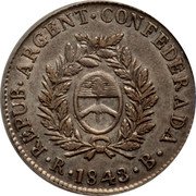 Argentina 2 Reales Mountains 1843 RB KM# 16 B R REPUB ARGENT CONFEDERADA 1843 coin obverse Argentina 2 Reales Mountains 1843 RB KM# 16 B R REPUB ARGENT CONFEDERADA 1843 coin obverse