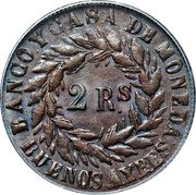 Argentina 2 Reales Wreath 1860 KM# 11 BANCO Y CASA DE MONEDA 2 R.S BUENOS AYRES coin obverse Argentina 2 Reales Wreath 1860 KM# 11 BANCO Y CASA DE MONEDA 2 R.S BUENOS AYRES coin obverse