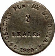 Argentina 2 Reales Coat of Arms La Rioja 1860 B KM# 26 CREDITO PUB DE LA RIOJA 2 REALES 9D 1860 B coin reverse Argentina 2 Reales Coat of Arms La Rioja 1860 B KM# 26 CREDITO PUB DE LA RIOJA 2 REALES 9D 1860 B coin reverse