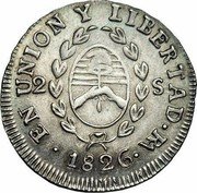 Argentina 2 Soles Radiant Sunface Rio de la Plata 1826 RA Medal alignment, early variety no assayer P KM# 18 EN UNION Y LIBERTAD RA P 2 S 1826 coin reverse Argentina 2 Soles Radiant Sunface Rio de la Plata 1826 RA Medal alignment, early variety no assayer P KM# 18 EN UNION Y LIBERTAD RA P 2 S 1826 coin reverse