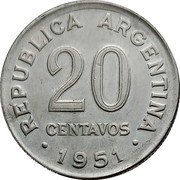 Argentina 20 Centavos General San Martin Republic 1951 KM# 48 REPUBLICA ARGENTINA 20 CENTAVOS 1951 coin obverse Argentina 20 Centavos General San Martin Republic 1951 KM# 48 REPUBLICA ARGENTINA 20 CENTAVOS 1951 coin obverse