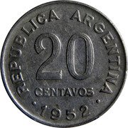 Argentina 20 Centavos Republic General San Martin 1952 KM# 48a REPUBLICA ARGENTINA 20 CENTAVOS 1952 coin obverse Argentina 20 Centavos Republic General San Martin 1952 KM# 48a REPUBLICA ARGENTINA 20 CENTAVOS 1952 coin obverse