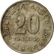 Argentina 20 Centavos Jose de San Martin Republic 1956 KM# 52 REPUBLICA ARGENTINA 20 CENTAVOS 1956 coin obverse Argentina 20 Centavos Jose de San Martin Republic 1956 KM# 52 REPUBLICA ARGENTINA 20 CENTAVOS 1956 coin obverse