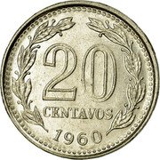 Argentina 20 Centavos Capped Liberty 1960 KM# 55 20 CENTAVOS 1959 coin reverse Argentina 20 Centavos Capped Liberty 1960 KM# 55 20 CENTAVOS 1959 coin reverse