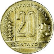 Argentina 20 Centavos Capped Liberty Head 1945 KM# 42 REPUBLICA ARGENTINA 20 CENTAVOS coin obverse Argentina 20 Centavos Capped Liberty Head 1945 KM# 42 REPUBLICA ARGENTINA 20 CENTAVOS coin obverse