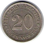 Argentina 20 Centavos (Pattern Without Liberty Image) KM# Pn28 REPUBLICA ARGENTINA 20 CENTAVOS 1887 20 coin obverse Argentina 20 Centavos (Pattern Without Liberty Image) KM# Pn28 REPUBLICA ARGENTINA 20 CENTAVOS 1887 20 coin obverse