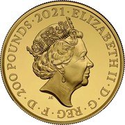 UK 200 Pounds Alfred The Great Elizabeth II 2021  Proof ELIZABETH II D G REG F D 200 POUNDS JC coin obverse UK 200 Pounds Alfred The Great Elizabeth II 2021  Proof ELIZABETH II D G REG F D 200 POUNDS JC coin obverse