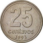 Argentina 25 Centavos City Hall Thin Lettering 1993 KM# 110a.1 25 CENTAVOS 1994 coin reverse Argentina 25 Centavos City Hall Thin Lettering 1993 KM# 110a.1 25 CENTAVOS 1994 coin reverse