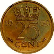 Netherlands 25 Cents (Queen Juliana Pattern) 1950 25 CENT coin reverse Netherlands 25 Cents (Queen Juliana Pattern) 1950 25 CENT coin reverse