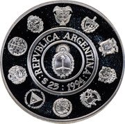 Argentina 25 Pesos Environmental Protection Giant Armadillo 1994 Proof KM# 118 REPUBLICA ARGENTINA $25 1994 coin obverse Argentina 25 Pesos Environmental Protection Giant Armadillo 1994 Proof KM# 118 REPUBLICA ARGENTINA $25 1994 coin obverse