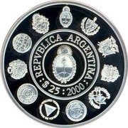 Argentina 25 Pesos The Doma Criolla 2000 Proof KM# 131 REPVBLICA ARGENTINA $25 2000 coin obverse Argentina 25 Pesos The Doma Criolla 2000 Proof KM# 131 REPVBLICA ARGENTINA $25 2000 coin obverse