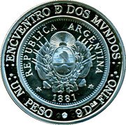 Argentina 25 Pesos Old Design 2010 Proof KM# 166 ENCVENTRO DE DOS MVNDOS UN PESO 9 DOS FINO REPUBLICA ARGENTINA 1881 coin reverse Argentina 25 Pesos Old Design 2010 Proof KM# 166 ENCVENTRO DE DOS MVNDOS UN PESO 9 DOS FINO REPUBLICA ARGENTINA 1881 coin reverse