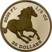 Tuvalu 30 Dollars (Elizabeth II Horse Galloping Right) 9995 PT 1/5 OZ 30 DOLLARS coin reverse Tuvalu 30 Dollars (Elizabeth II Horse Galloping Right) 9995 PT 1/5 OZ 30 DOLLARS coin reverse