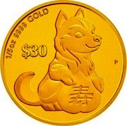 Tuvalu 30 Dollars Longevity Year of the Dog 2018 P Proof 1/5 OZ 9999 GOLD $30 P coin reverse Tuvalu 30 Dollars Longevity Year of the Dog 2018 P Proof 1/5 OZ 9999 GOLD $30 P coin reverse