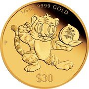 Tuvalu 30 Dollars Longevity Year of the Tiger 2022 P Proof 1/5 OZ 9999 GOLD P 壽 SR $30 coin reverse