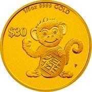 Tuvalu 30 Dollars Success Year of the Monkey 2016 P Proof 1/5 OZ 9999 GOLD $30 P 祿 coin reverse Tuvalu 30 Dollars Success Year of the Monkey 2016 P Proof 1/5 OZ 9999 GOLD $30 P 祿 coin reverse