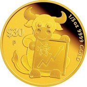 Tuvalu 30 Dollars Success Year of the Ox 2021 P Proof $30 P 祿 1/5 OZ 9999 GOLD LB coin reverse