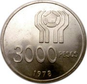 Argentina 3000 Pesos World Soccer Championship 1978 Proof KM# 80 3000 PESOS 1978 coin reverse Argentina 3000 Pesos World Soccer Championship 1978 Proof KM# 80 3000 PESOS 1978 coin reverse