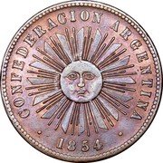 Argentina 4 Centavos Radiant Sunface 1854 Coin rotation, Unknown South American mint, crude type KM# 25 CONFEDERACIÓN ARGENTINA 1854 coin obverse Argentina 4 Centavos Radiant Sunface 1854 Coin rotation, Unknown South American mint, crude type KM# 25 CONFEDERACIÓN ARGENTINA 1854 coin obverse