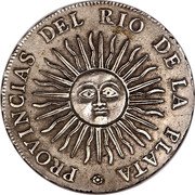 Argentina 4 Reales Radiant Sunface Rio de la Plata 1813 PTS J KM# 4 PROVINCIAS DEL RIO DE LA PLATA coin obverse Argentina 4 Reales Radiant Sunface Rio de la Plata 1813 PTS J KM# 4 PROVINCIAS DEL RIO DE LA PLATA coin obverse