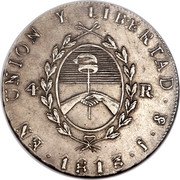 Argentina 4 Reales Radiant Sunface Rio de la Plata 1813 PTS J KM# 4 EN UNION Y LIBERTAD PTS J 4 R 1813 coin reverse Argentina 4 Reales Radiant Sunface Rio de la Plata 1813 PTS J KM# 4 EN UNION Y LIBERTAD PTS J 4 R 1813 coin reverse