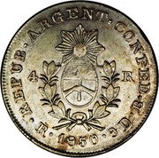 Argentina 4 Reales Coat of Arms 1850 RB KM# 20 REPUB ARGENT CONFED 4 R R 1850 9D B coin obverse Argentina 4 Reales Coat of Arms 1850 RB KM# 20 REPUB ARGENT CONFED 4 R R 1850 9D B coin obverse