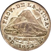 Argentina 4 Reales Mountains 1852 B KM# 21 PROV DE LA RIOJA 9D 1852 B coin reverse Argentina 4 Reales Mountains 1852 B KM# 21 PROV DE LA RIOJA 9D 1852 B coin reverse