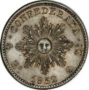 Argentina 4 Reales (Radiant Sun Pattern) KM# Pn10 CONFEDERADA 4 RS 1852 9 DS coin reverse Argentina 4 Reales (Radiant Sun Pattern) KM# Pn10 CONFEDERADA 4 RS 1852 9 DS coin reverse