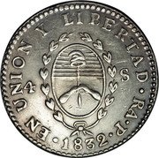 Argentina 4 Soles Radiant Sunface Rio de la Plata 1832 RA P Coin alignment KM# 22 EN UNION Y LIBERTAD RA P 1832 4 S coin reverse