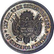 Argentina 40 Centavos Fuertes (Denomination Essai Liberty) KM# E4 LEY DEL 25 DE SETIEMBRE 1878. 40 CENTAVOS FUERTES. coin reverse Argentina 40 Centavos Fuertes (Denomination Essai Liberty) KM# E4 LEY DEL 25 DE SETIEMBRE 1878. 40 CENTAVOS FUERTES. coin reverse
