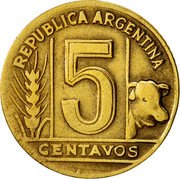 Argentina 5 Centavos Capped Liberty Head 1948 KM# 40 LIBERTAD 1948 coin reverse Argentina 5 Centavos Capped Liberty Head 1948 KM# 40 LIBERTAD 1948 coin reverse