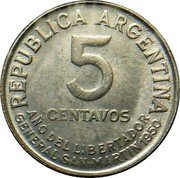 Argentina 5 Centavos Jose de San Martin 1950 KM# 43 REPUBLICA ARGENTINA 5 CENTAVOS AÑO DEL LIBERTADOR GENERAL SAN MARTIN 1950 coin obverse Argentina 5 Centavos Jose de San Martin 1950 KM# 43 REPUBLICA ARGENTINA 5 CENTAVOS AÑO DEL LIBERTADOR GENERAL SAN MARTIN 1950 coin obverse