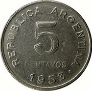 Argentina 5 Centavos Jose de San Martin 1953 KM# 46 REPUBLICA ARGENTINA 5 CENTAVOS 1953 coin obverse Argentina 5 Centavos Jose de San Martin 1953 KM# 46 REPUBLICA ARGENTINA 5 CENTAVOS 1953 coin obverse