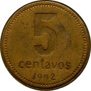 Argentina 5 Centavos Radiant Sunface 1992 KM# 109 5 CENTAVOS 1992 coin reverse Argentina 5 Centavos Radiant Sunface 1992 KM# 109 5 CENTAVOS 1992 coin reverse