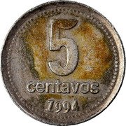 Argentina 5 Centavos Radiant Sunface 1994 KM# 109a.1 5 CENTAVOS 1993 coin reverse Argentina 5 Centavos Radiant Sunface 1994 KM# 109a.1 5 CENTAVOS 1993 coin reverse
