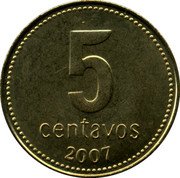 Argentina 5 Centavos Radiant Sunface 2007 KM# 109b 5 CENTAVOS 2007 coin reverse Argentina 5 Centavos Radiant Sunface 2007 KM# 109b 5 CENTAVOS 2007 coin reverse