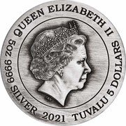 Tuvalu 5 Dollars Ancient Chinese Mythical Creatures 2021 Antiqued QUEEN ELIZABETH II IRB 5 OZ 9999 SILVER 2021 TUVALU 5 DOLLARS coin obverse Tuvalu 5 Dollars Ancient Chinese Mythical Creatures 2021 Antiqued QUEEN ELIZABETH II IRB 5 OZ 9999 SILVER 2021 TUVALU 5 DOLLARS coin obverse